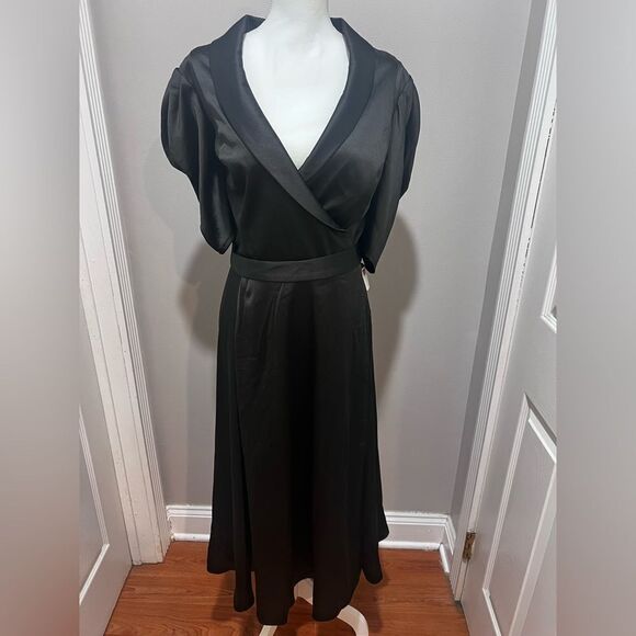 NWT Ieena for Mac Duggal Black Satin Lapel Puff Sleeve Tea Length Dress size 14 - Picture 8 of 16